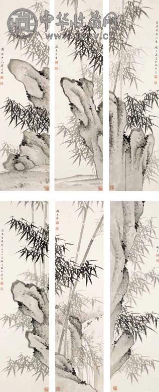 梅振瀛 1919年作 竹石 六屏 设色纸本