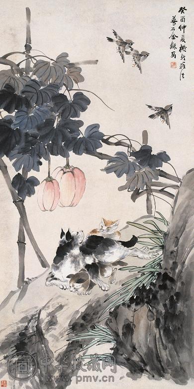 金梦石 1933年作 猫蝶群雀 立轴 设色纸本