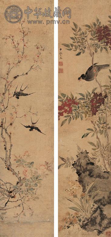 钱益 花鸟 两屏 设色纸本