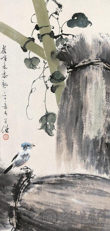 黄幻吾 1942年作 雀喧稻熟 立轴 设色纸本