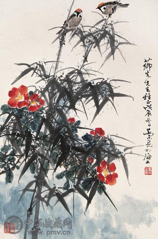 乔木 1988年作 花鸟 立轴 设色纸本