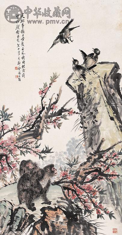 金梦石 天桃争艳 立轴 设色纸本
