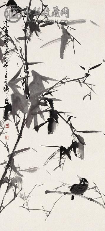 韩天衡 1986年作 墨竹游禽 立轴 水墨纸本
