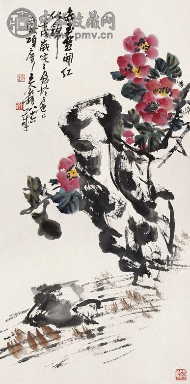 王个簃 1982年作 赤玉盘开红似锦 立轴 设色纸本