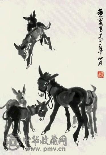 黄冑 1961年作 六驴图 立轴 水墨纸本