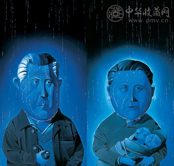 孔巍蒙 2004年作 大家庭系列—爷爷 大家庭系列—奶奶(2件) 布上油画