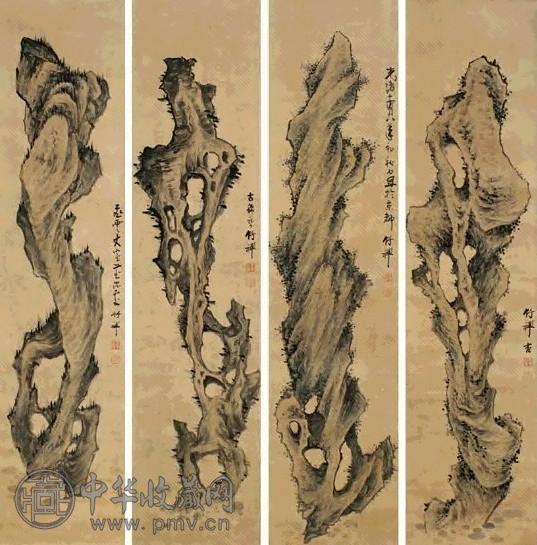 竹禅 奇石图(4屏) 水墨纸本