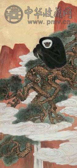 张善孖 松猿图 立轴 设色金笺