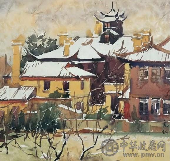 张充仁 雪后 连框 水彩画