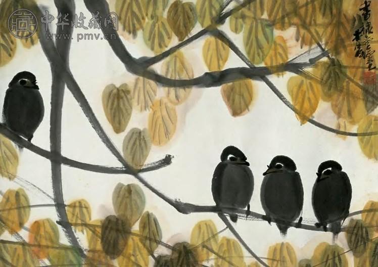 林风眠 秋叶小鸟 镜片 设色纸本