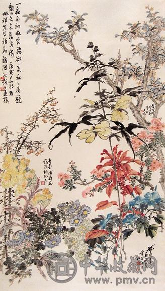 诸健秋 陈旧村 等 庚寅(1950年)作 花卉 立轴 设色纸本