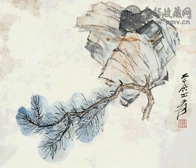 张大千 松石 镜心 设色纸本