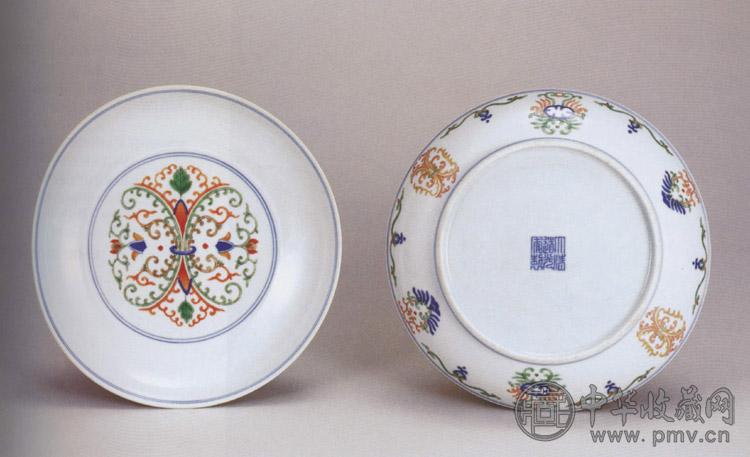 清道光 五彩忍冬纹盘(1对)
