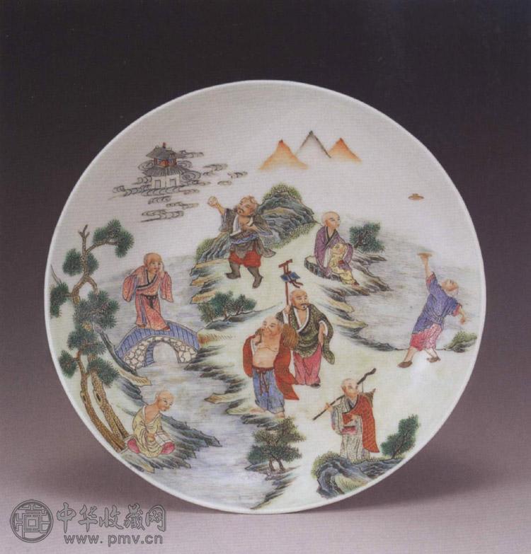 清道光 粉彩罗汉盘