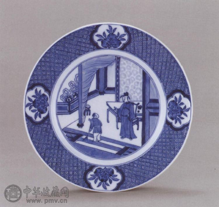 清早期 青花锦地开光人物图盘