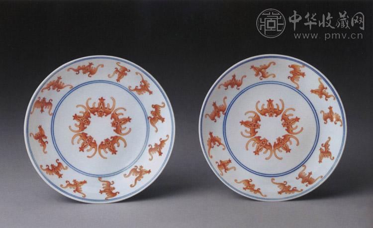 清道光 矾红五蝠纹盘(1对)