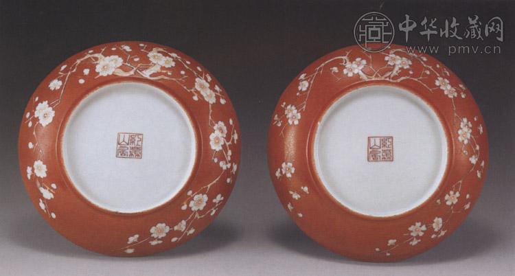 清道光 珊瑚地露白梅花盘(2件)