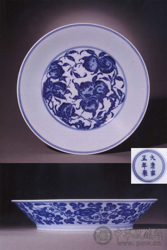 清雍正 青花寿桃盘