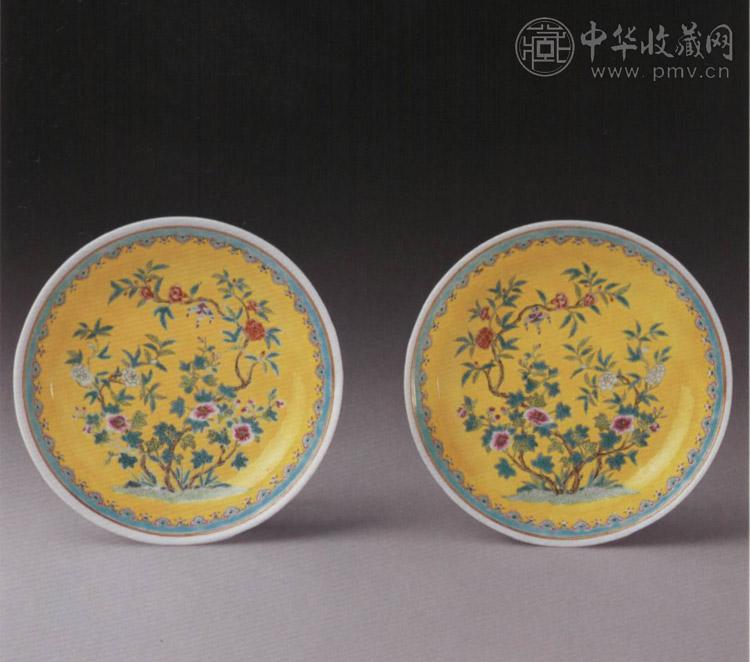 清宣统 黄地粉彩花卉小盘(1对)