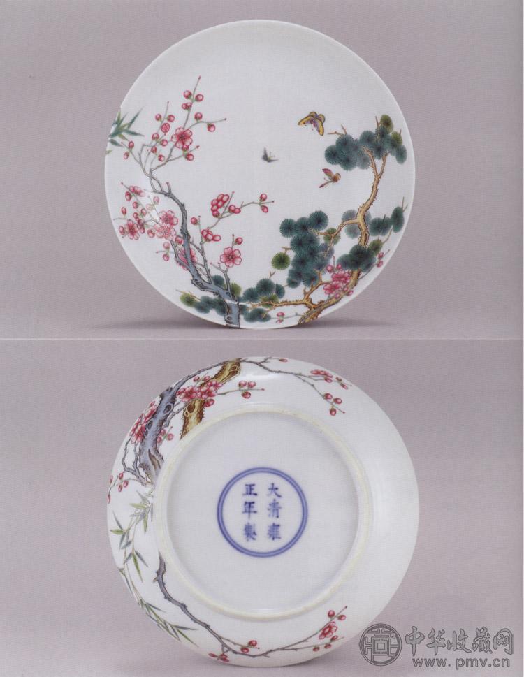 清雍正 粉彩过枝岁寒三友图盘(粉彩后加)