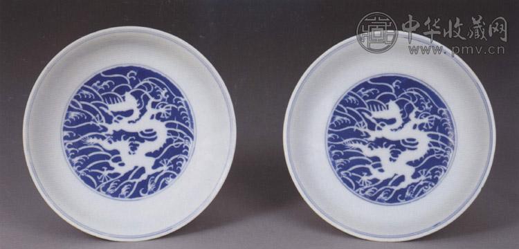 清道光 青花海水白龙纹盘(1对)