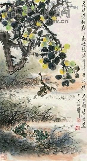 唐云 夜雨池塘 镜心 设色纸本