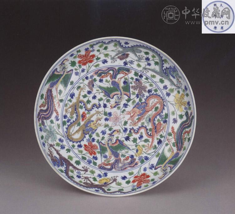 清康熙 五彩穿花龙凤纹盘