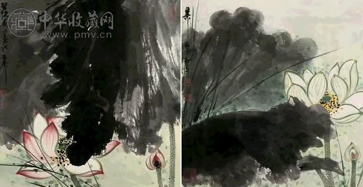 谢稚柳 荷花 镜心 二帧 设色纸本