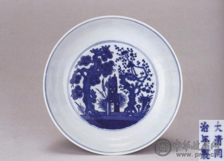 清同治 青花松竹梅人物图盘
