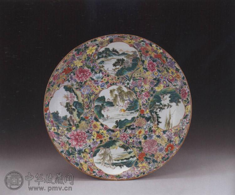 清 粉彩百花开光山水大盘