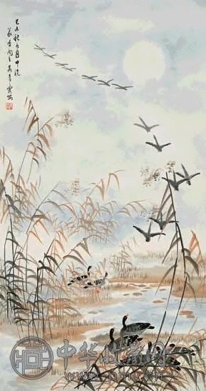 吴青霞 芦塘棲雁图 镜心 设色纸本