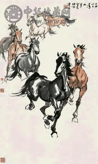 尹瘦石 1982年作 八骏图 立轴 设色纸本