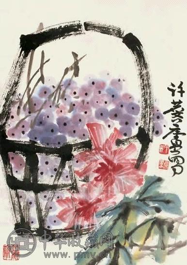 许麟庐 葡萄图 立轴 设色纸本