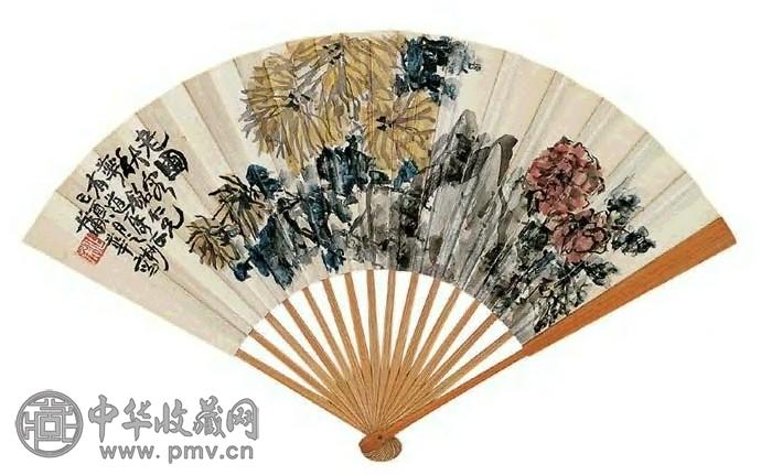 蒲华 己酉(1909年)作 老圃秋容图 成扇 设色纸本