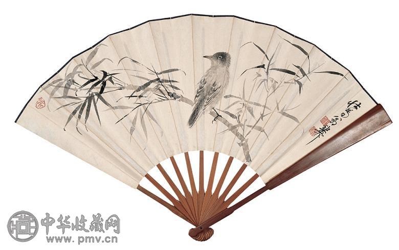 谢稚柳 竹雀 成扇 水墨纸本