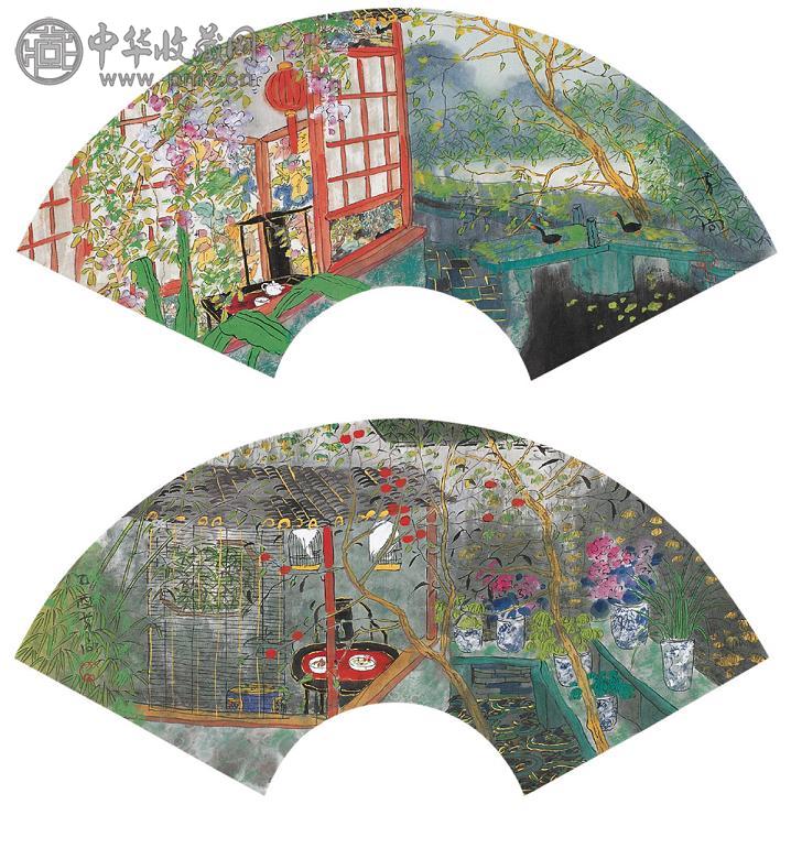 方向 山水 扇面双挖 设色纸本