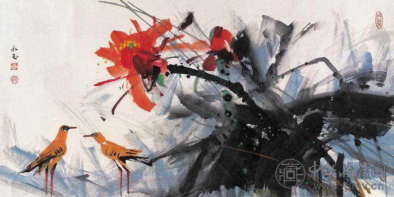 黄永玉 荷花双鸟 镜心 设色纸本