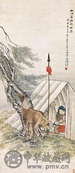 沈心海 1933年作 木兰从军图 立轴 设色纸本