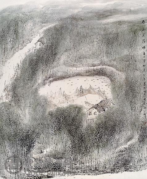 蓝佐然 春雨过河塘 镜心