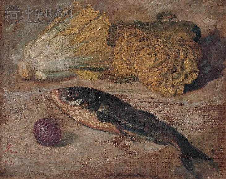 张充仁 静物鱼 布面 油画