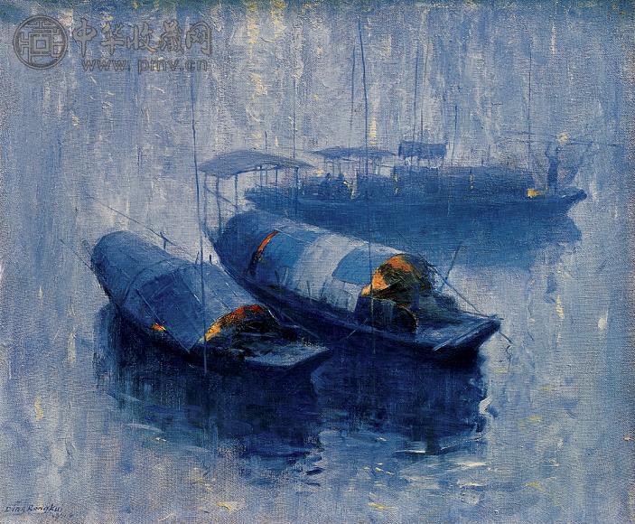 丁荣魁 渔火 布面