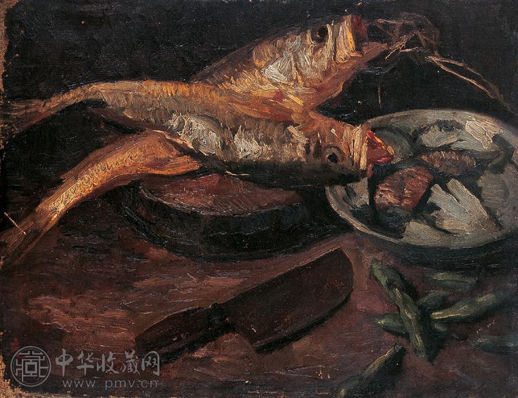 张充仁 静物鱼 布面 油画