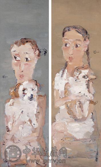 苗壮 2001年作 少女与宠物 布面 油画