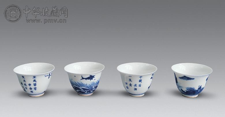 清 青花题词花卉山水人物澓鱼纹杯(4件套)