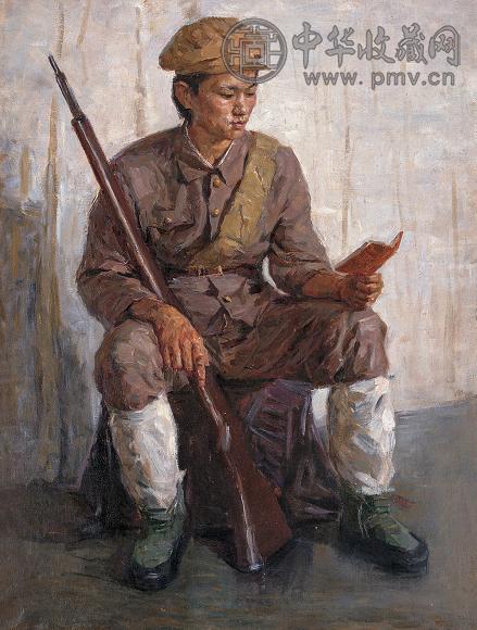 何孔德 军人爱读红宝书 布面 油画
