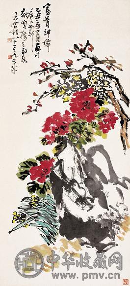 王个簃 1985年作 富贵神仙图 立轴 设色纸本