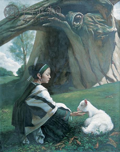 管建林 少女和羊 布面