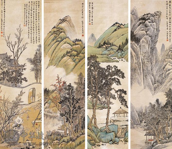 吴穀祥 1895年作 山水四条屏图 立轴 设色纸本