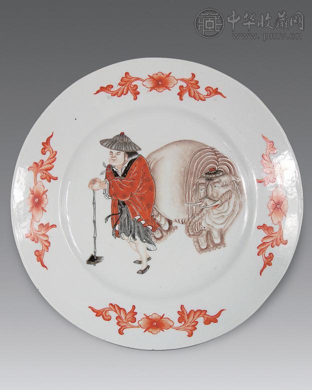 清道光 粉彩象耕纹盘