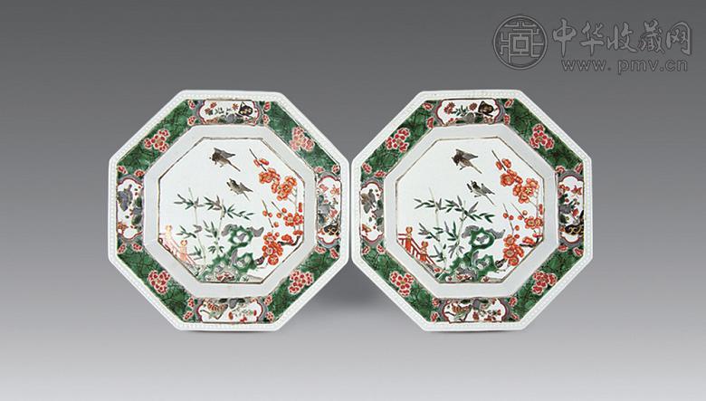 清 五彩花鸟纹方盘(1对)